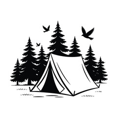 Minimalist Black and White Camping Tent in Forest with Birds, Outdoor Adventure