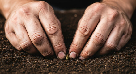 Planting seeds in soil hands gardening agriculture growth organic farming concept