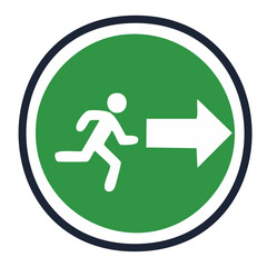 Emergency Exit Minimalist green running man symbol with arrow, white background, flat design