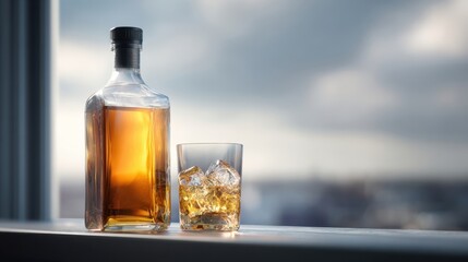 The whiskey bottle and glass with ice against a serene background.