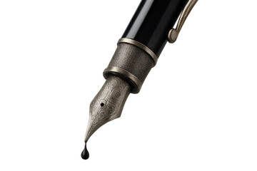 Elegant fountain pen nib with a hanging ink drop, isolated on transparent background.