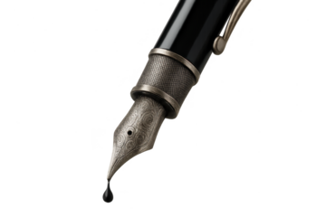 Elegant fountain pen nib with a hanging ink drop, isolated on transparent background.