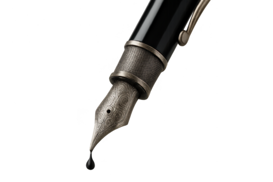 Elegant fountain pen nib with a hanging ink drop, isolated on transparent background.