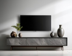 concrete tv cabinet in room on white wall background empty mockup with stone television stand for cosmetics products presentation