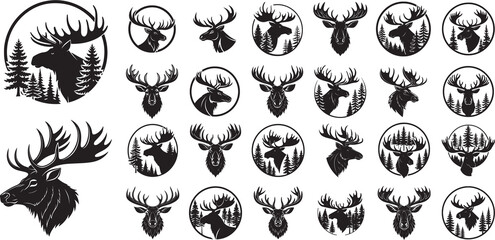 Outdoor Adventure and Hunting Logos featuring Moose Head Silhouettes