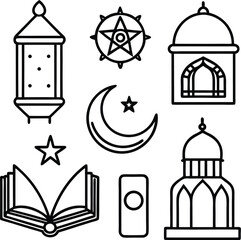 Islamic Doodle Vector Icons – Quran, Mosque, Crescent, Lantern & Allah Art
