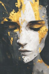 Moody and sad abstract woman portrait with eyes closed in paint using the colors black, gold and white. 