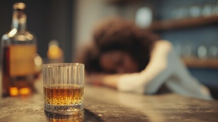 The whiskey glass with an emotional backdrop of solitude and reflection.