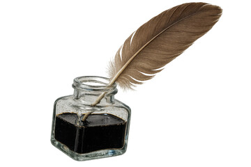 Feather quill and inkwell isolated on transparent background, historical.
