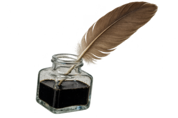 Feather quill and inkwell isolated on transparent background, historical.