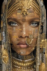 Gold patchwork collage portrait of a Hindu mystical woman