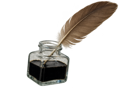 Feather quill and inkwell isolated on transparent background, historical.