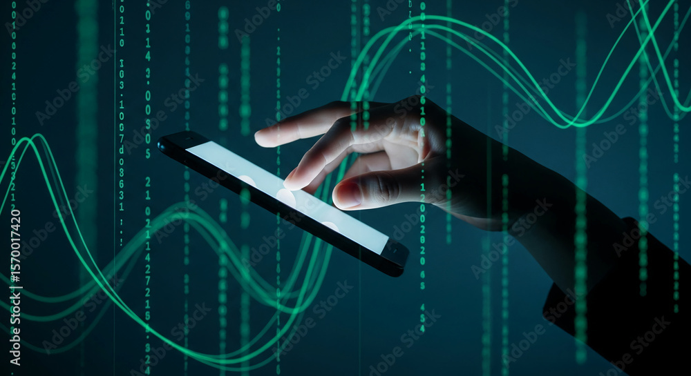 Poster hand interacting with smartphone screen, overlaid with teal digital data streams and curves, showcas