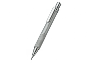 Shiny metallic mechanical pencil isolated on transparent background, technical drawing tool