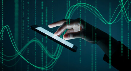 Hand interacting with smartphone screen, overlaid with teal digital data streams and curves, showcasing technological interaction and data flow