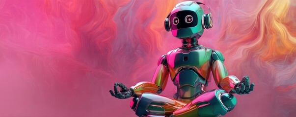 Realistic meditating vibrant robot, colorful energy background