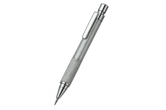Shiny metallic mechanical pencil isolated on transparent background, technical drawing tool