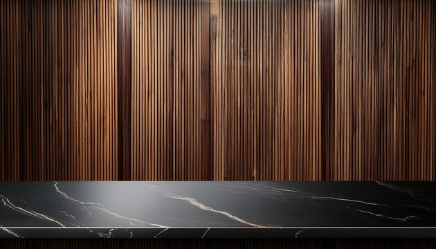 black kitchen countertop on wooden wall panels made of vertical slats empty stone tabletop for luxury beauty and bar products presentation