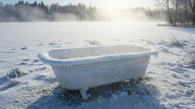 Frozen Bathtub in Winter Landscape - A vintage bathtub sits in a snowy landscape, covered in frost. The serene scene features a frozen lake in the background and a misty, sunlit atmosphere.