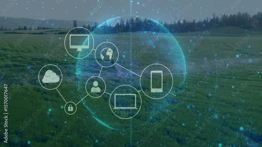 Poster animation showing globe emerging over plain, icons floating, connecting and illustrating data flow