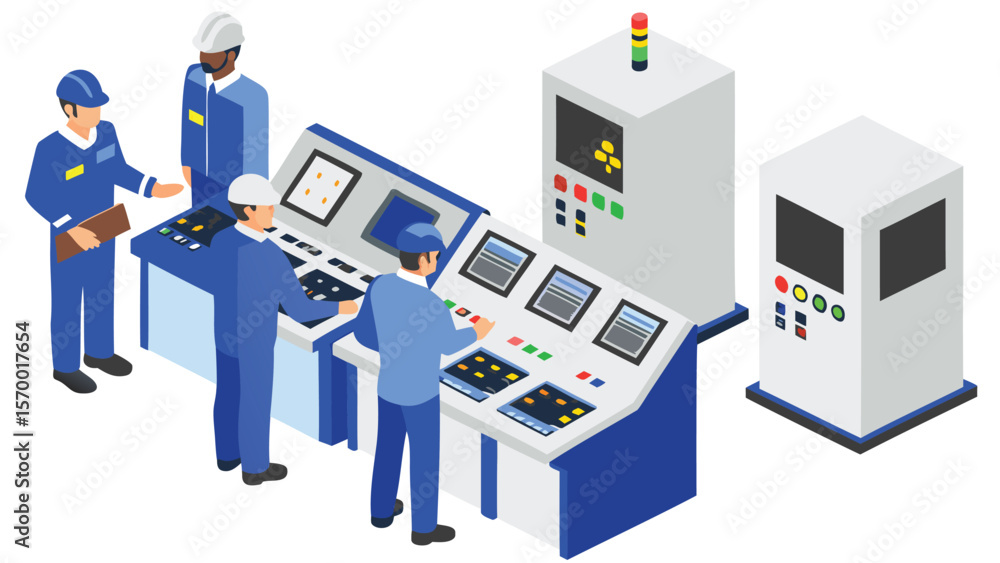 Poster isometric view of workers in blue uniforms operating control panels in a factory setting shown here