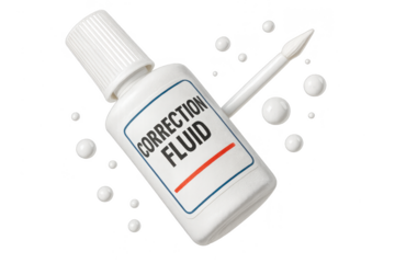 White correction fluid bottle with applicator brush and drops, isolated on transparent background