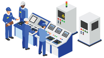 Isometric view of workers in blue uniforms operating control panels in a factory setting shown here
