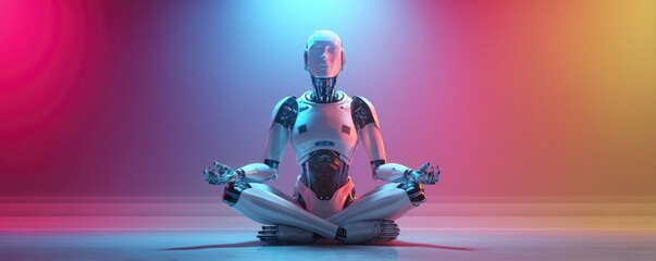 Realistic meditating vibrant robot, colorful energy background