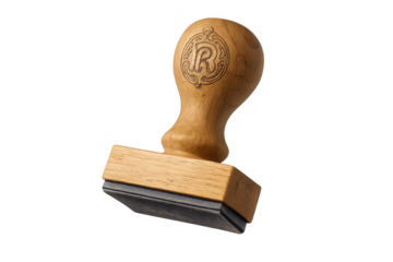 Classic wooden rubber stamp with elegant 'R' initial, isolated on transparent background.