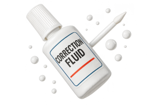White correction fluid bottle with applicator brush and drops, isolated on transparent background