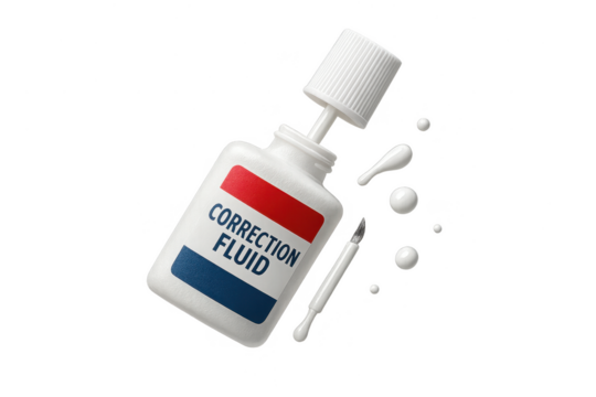 Correction fluid bottle with spilled white drops isolated on transparent background