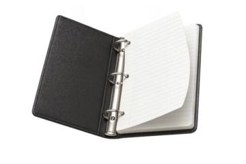 Open black ring binder, blank lined pages, transparent background