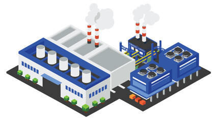 Isometric illustration of a factory with chimneys emitting smoke and industrial buildings present
