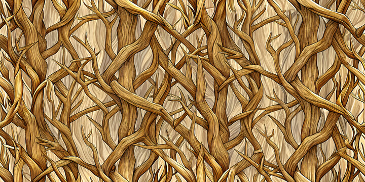 Dried desert tree roots in a repeating pattern on a light beige background. Intricate design with interwoven branches and a natural aesthetic.