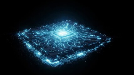Futuristic Microchip with Glowing Circuitry - A 3D video of a futuristic microchip, showcasing intricate circuitry glowing with vibrant blue light against a black background. - Powered by Adobe