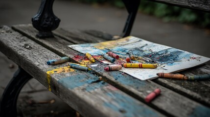 Crayons and a drawing on a weathered wooden bench in an outdoor park setting scene