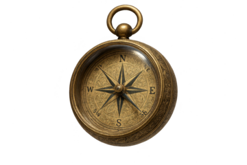 Close-up of a beautiful antique brass compass, isolated on a transparent background.