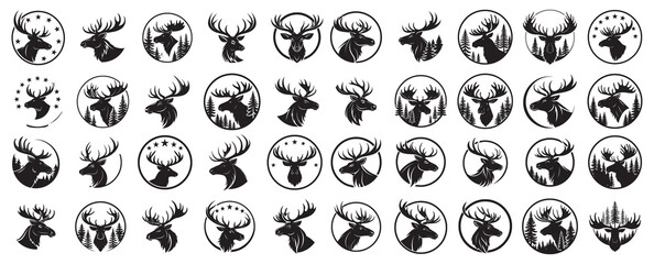 Collection of Black and White Moose Icons for Hunting and Wilderness Themes