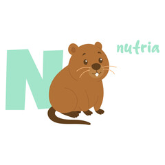 Nutria cartoon animal for kids alphabet. Letter N learning flashcard. Cute vector illustration for education.