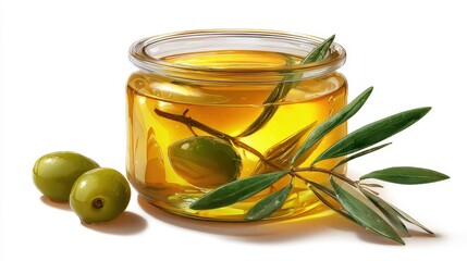 The jar of olive oil with fresh olives and leaves beautifully displayed.