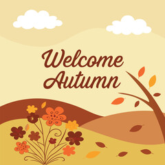 Welcome Autumn Floral Illustration with Clouds and Leaves