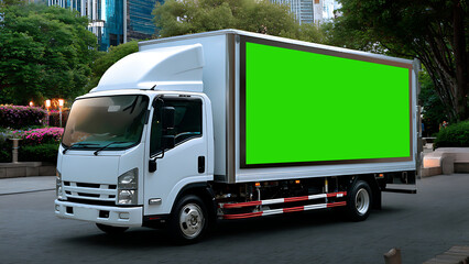 Truck Advertising Space in the City: A clean white truck is on the road, its advertising panel ready for the latest marketing campaign.