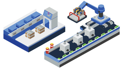 Isometric view of a manufacturing plant with conveyor belts and robotic arm for automation and packaging