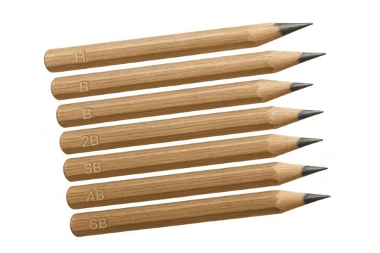 Stack of drawing pencils with H, B, 2B, 3B, AB, 8B grades, transparent.