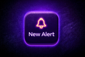 A striking "New Alert" button with a glowing bell icon, pulsating with vibrant neon purple light, signifying important notifications, system messages, urgent breaking news, or critical digital updates