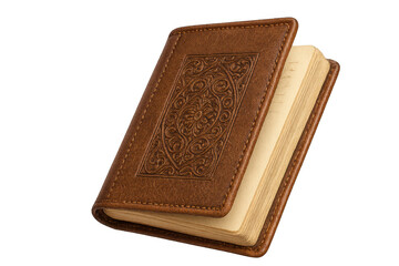 Vintage brown leather book, embossed cover, isolated on transparent background.