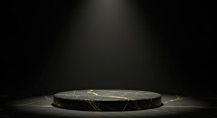 Luxury Black Marble Podium with Gold Details on Dark Background for Premium Product Display.