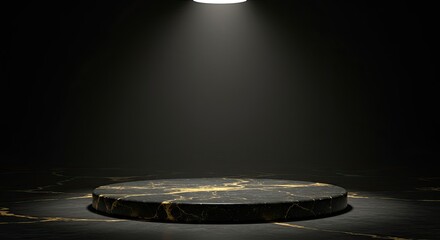 Luxury Black Marble Podium with Gold Details on Dark Background for Premium Product Display.