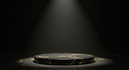 Luxury Black Marble Podium with Gold Details on Dark Background for Premium Product Display.