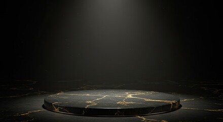 Luxury Black Marble Podium with Gold Details on Dark Background for Premium Product Display.